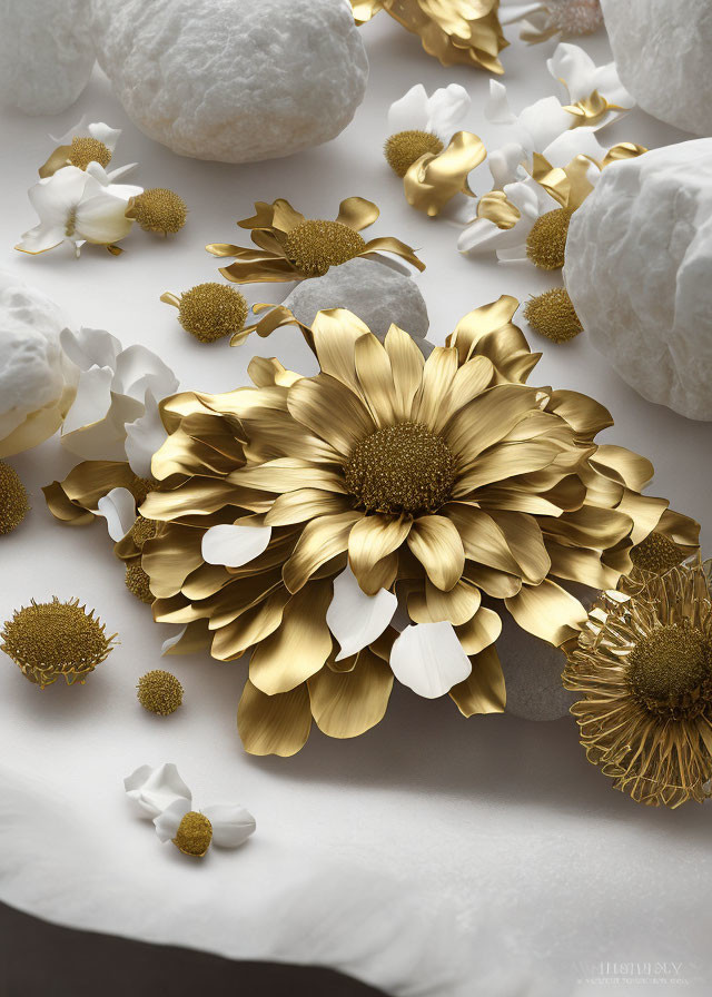 Large Golden Flower Surrounded by White and Gold Flora on Light Background