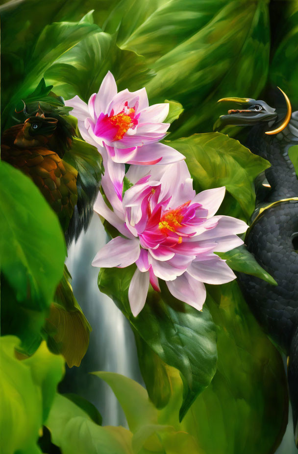 Pink lotus flowers and black serpent with golden details in lush green setting.