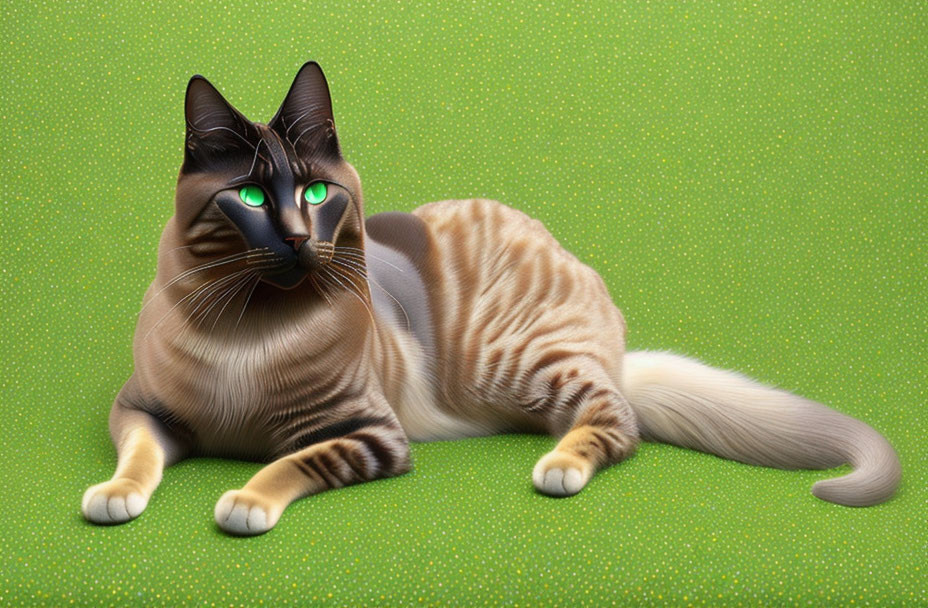 Striped Cat with Green Eyes on Green Dotted Background