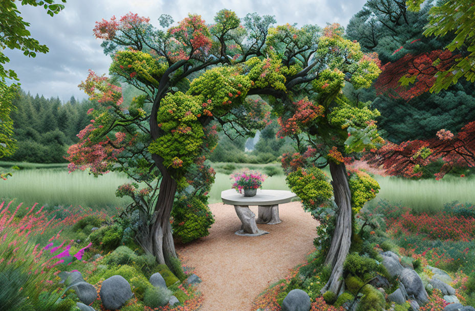 Stone Path Garden with Circular Bench and Flower Archway