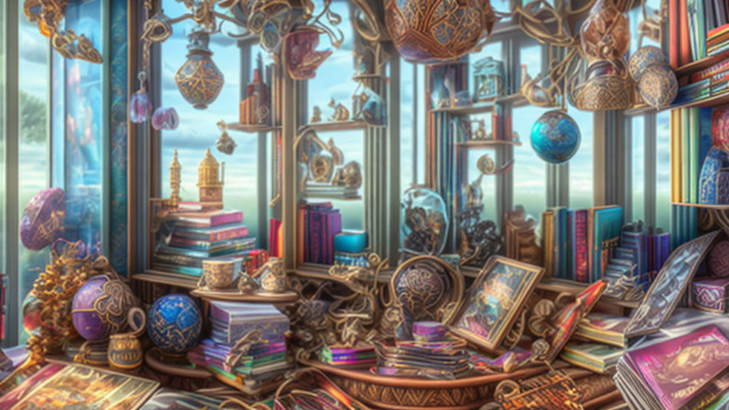 Cluttered room with books, globes & magical objects