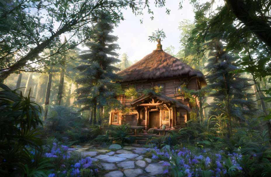 Thatched Roof Wooden Cottage in Forest with Purple Flowers