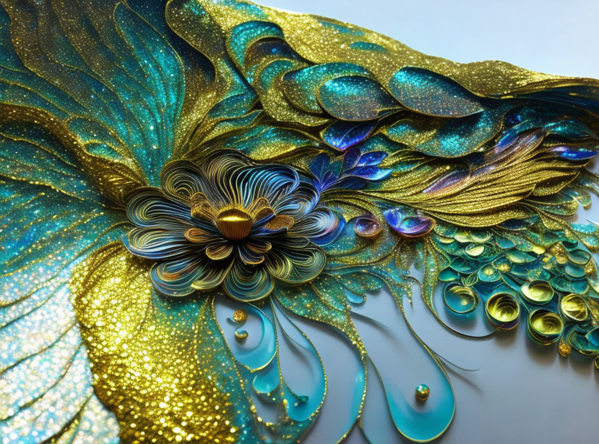 Vibrant Blue and Gold Peacock Feather Craft with Paper Quilling and Beadwork