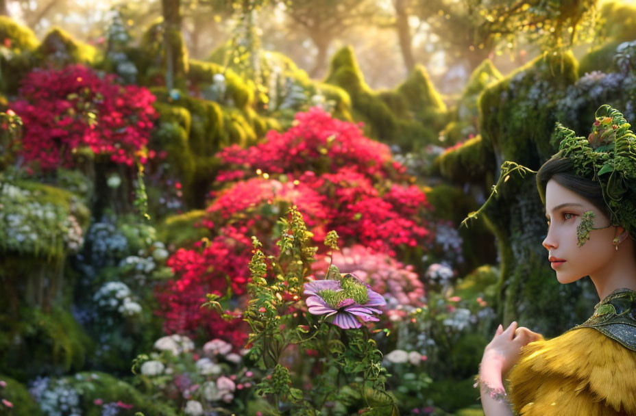 Woman with floral hair in enchanting forest with red flowers