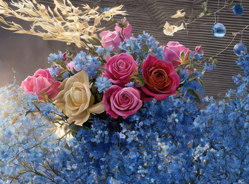 Pink and Cream Roses with Blue Flowers and Dried Foliage Arrangement