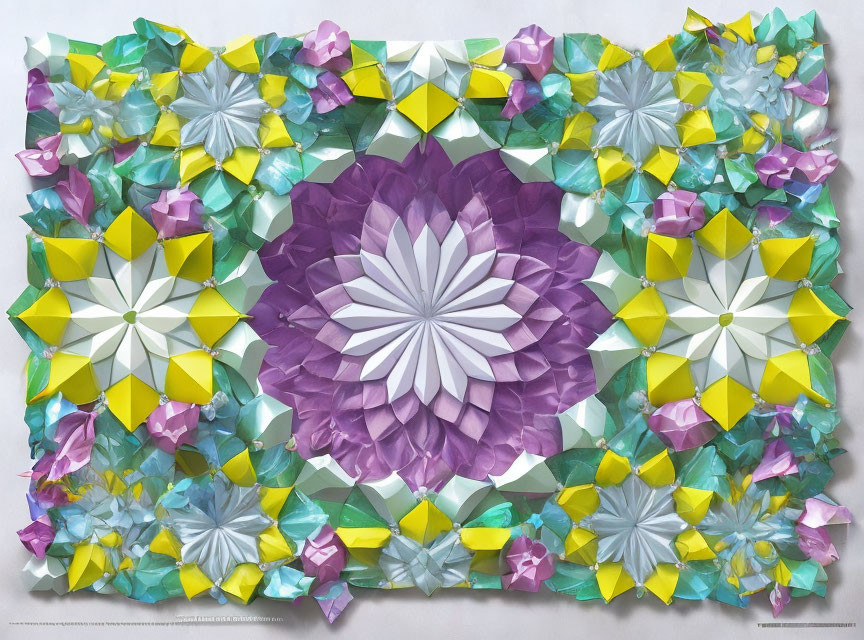 Symmetrical paper art display with intricate folded patterns of central and surrounding flowers