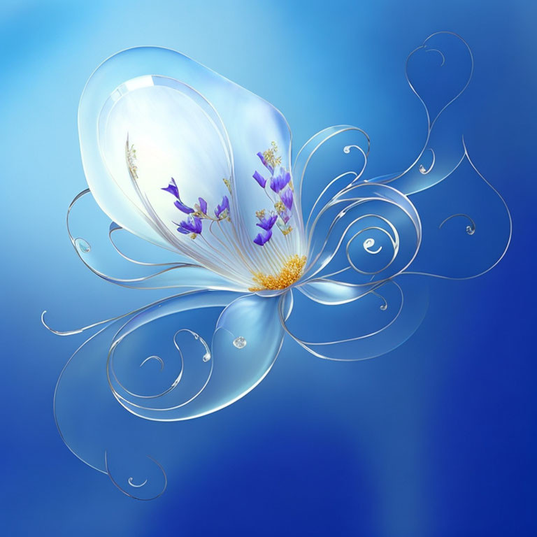 Digital artwork of transparent flower structure with purple flowers on blue gradient background