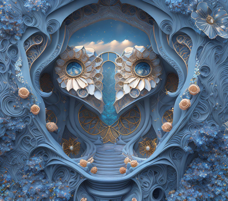 Symmetrical blue fractal art with intricate flower patterns and flowing curves