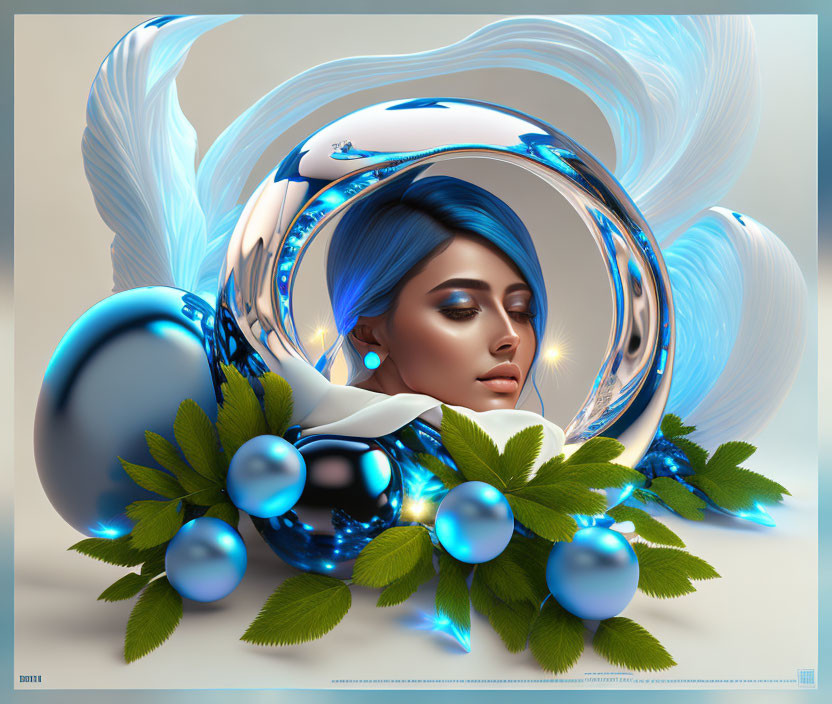 Abstract digital art: Woman with blue hair amid white and blue shapes, metallic spheres, green foliage.
