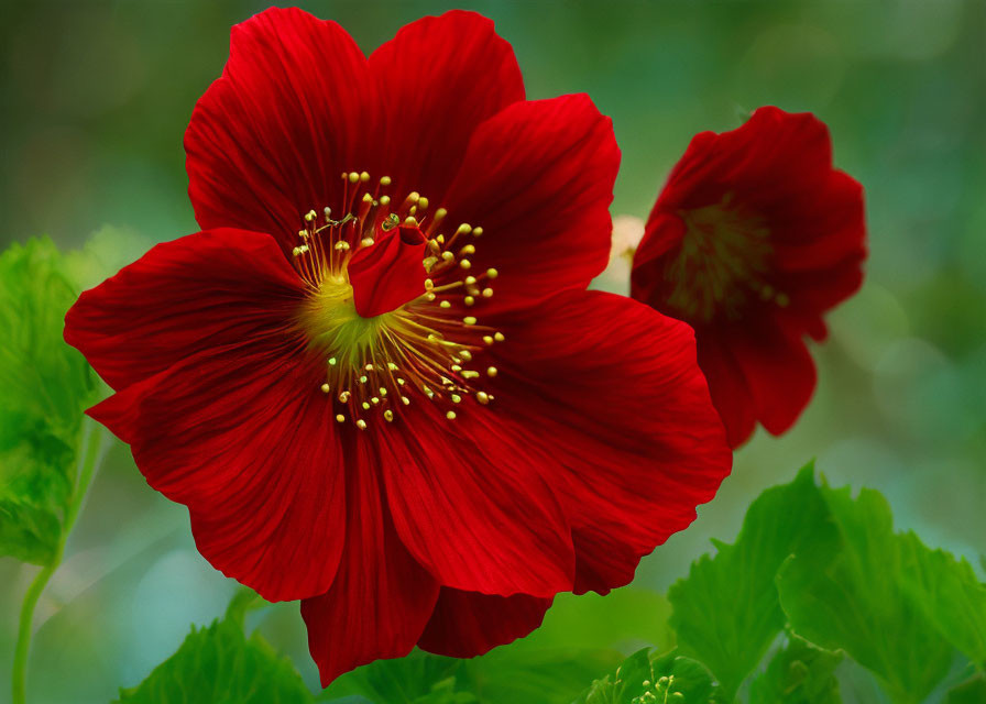 Vibrant red hibiscus flowers with yellow stamens on soft green backdrop