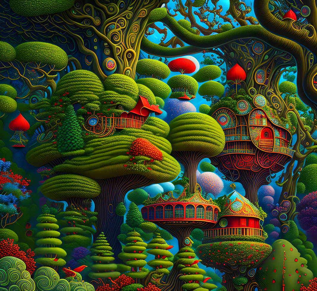 Fantastical landscape with whimsical treehouses and colorful vegetation
