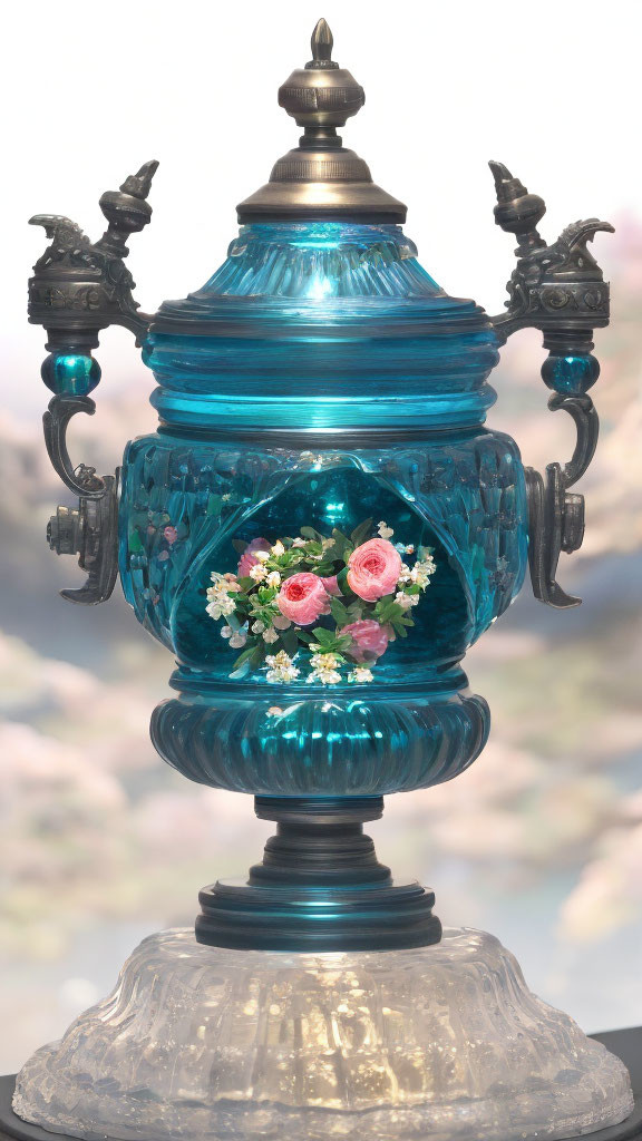 Blue Glass Samovar with Metal Accents and Floral Decorations