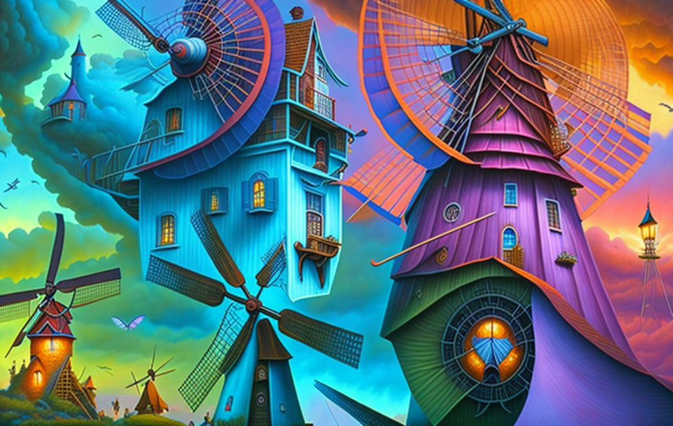 Vibrant sunset sky with towering windmill houses in whimsical artwork