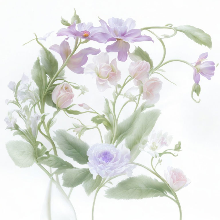 Pale Purple Flowers and Soft Green Leaves on Light Background