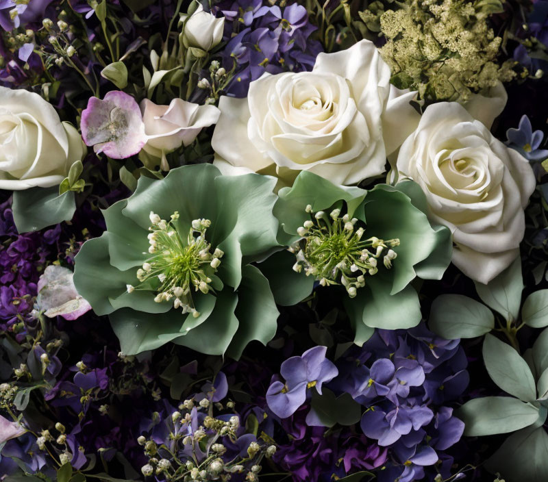 White roses, green hellebores, and purple flowers in a lush bouquet with assorted greenery