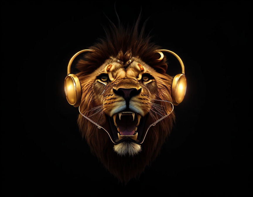 Digital artwork: Lion head with golden headphones on black background