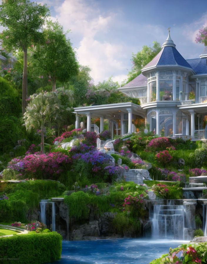 Victorian-style house with lush gardens, waterfalls, and blue pond
