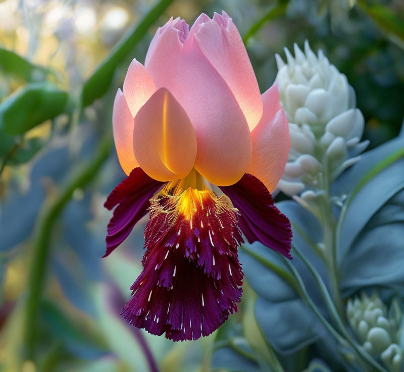 Vibrant pink lotus flower with golden-yellow center and purple accents among green foliage