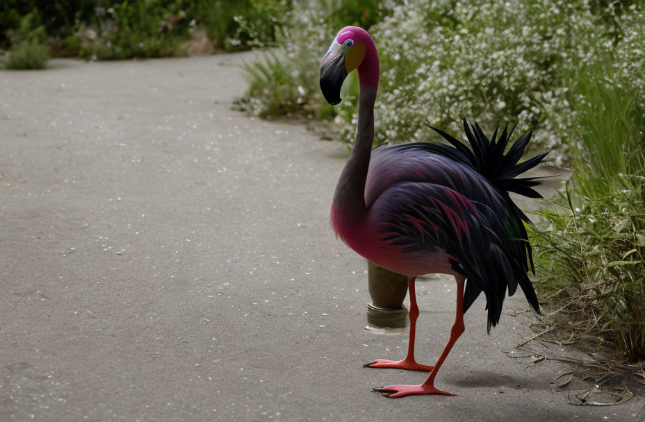 Pink and Black Flamingo on Gray Path with White Flowers