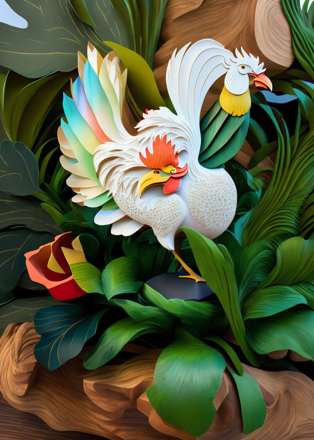 Vibrant paper art of rooster and hen in lush foliage