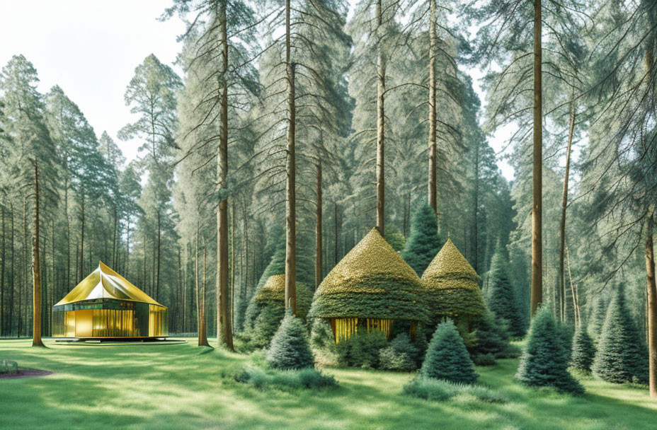 Unique Cone-Shaped Green-Roofed Cabins in Lush Pine Forest