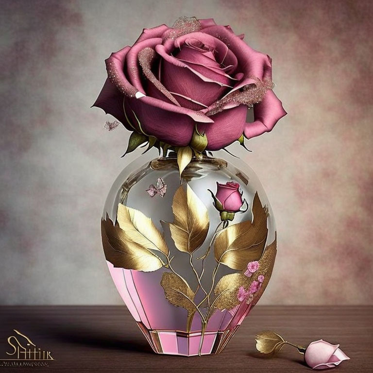 Purple and gold themed rose digital design in clear vase