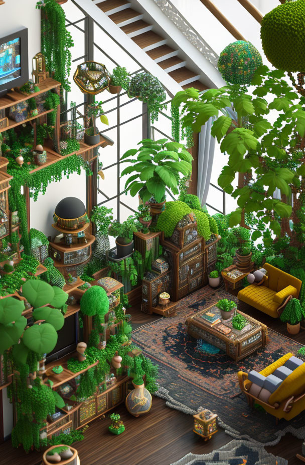 Plant-filled Room with Wooden Furniture and Staircase