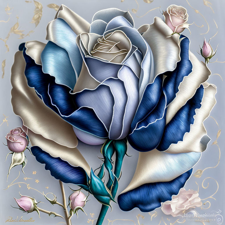 Digital artwork of large blue and white rose with golden highlights and pink roses on patterned background