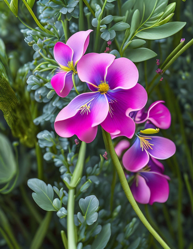 Bright Pink Flowers with Yellow Centers and Prominent Stamens in Lush Green Foliage