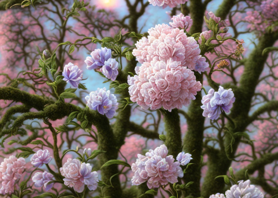 Fantastical digital artwork: Moss-covered trees with pink and purple flowers