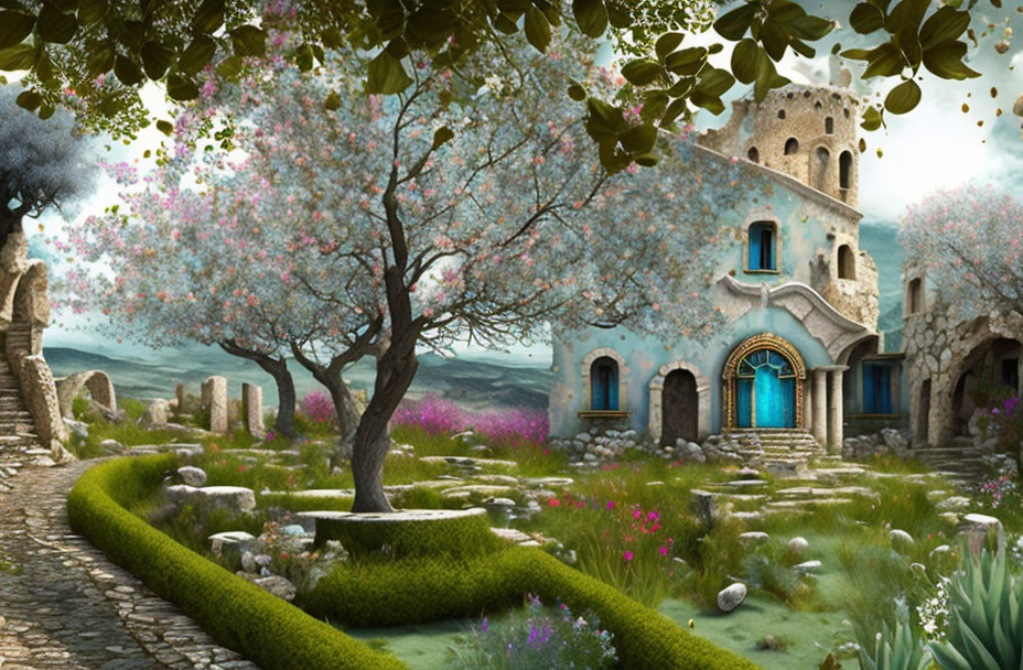 Enchanting fantasy landscape with greenery, blooming trees, stone pathway, and blue castle ruins