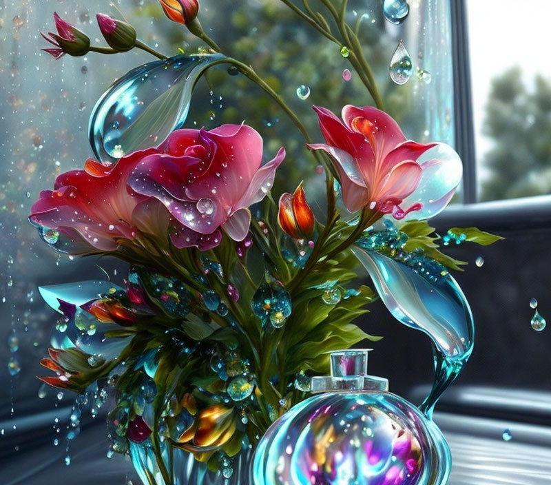 Digital bouquet of roses and buds with sparkling droplets by a window