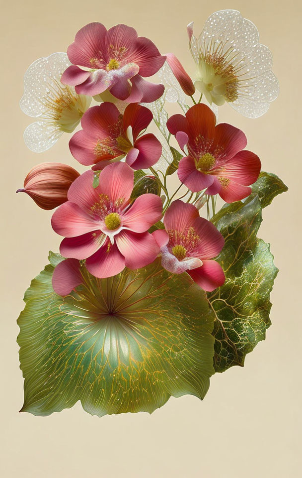 Pink and White Flower Bouquet with Stamens on Beige Background and Green Leaf