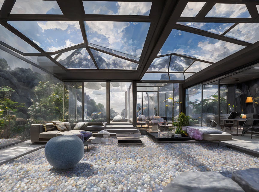 Stylish Glasshouse Living Room with Mountain View