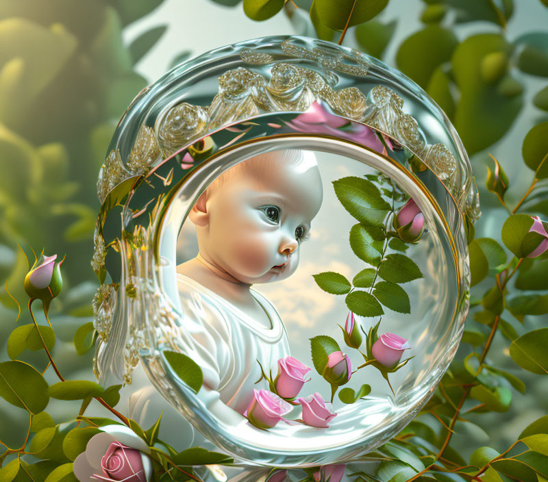 Surreal baby face in ornate frame with roses and foliage