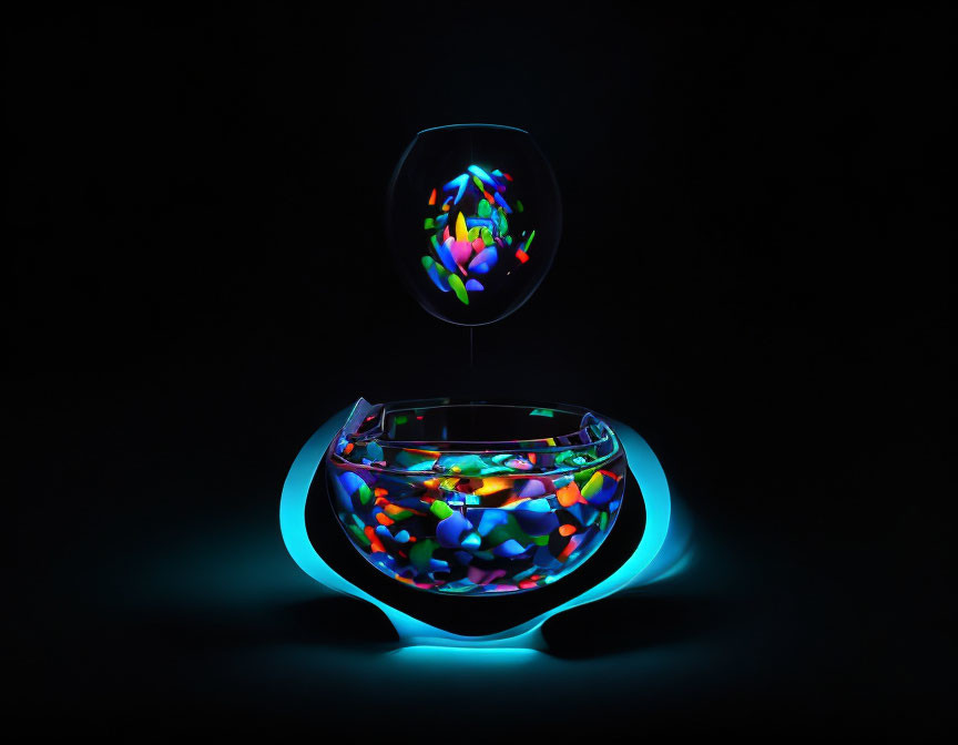 Colorful Pills in Levitating Glass Bowl with Blue Light