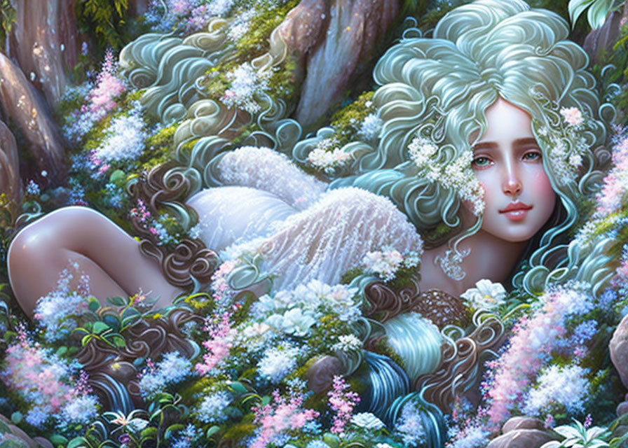 Fantastical image of woman with turquoise hair and feathered wings in floral setting