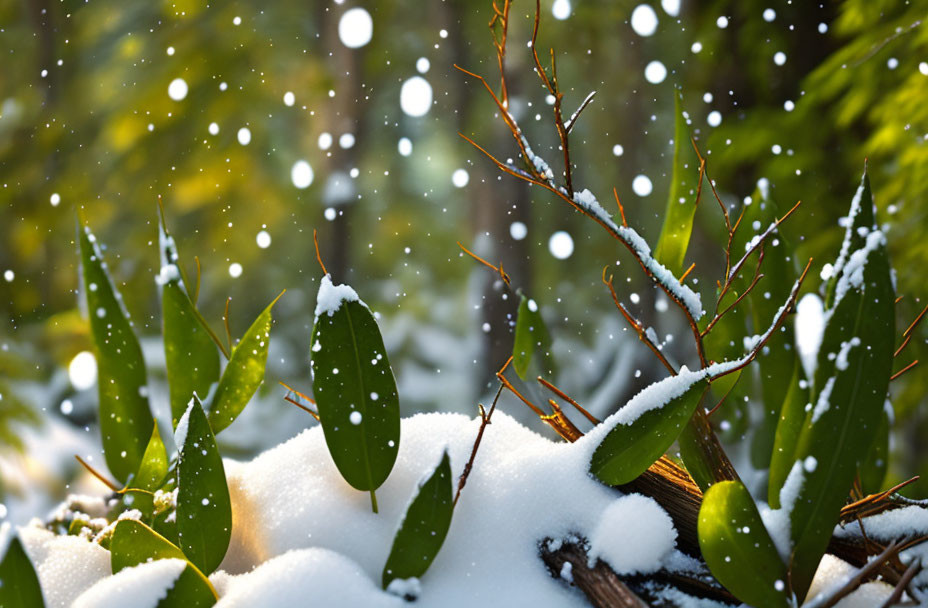 Snowflakes Falling on Green Leaves and Snow-Covered Forest Floor