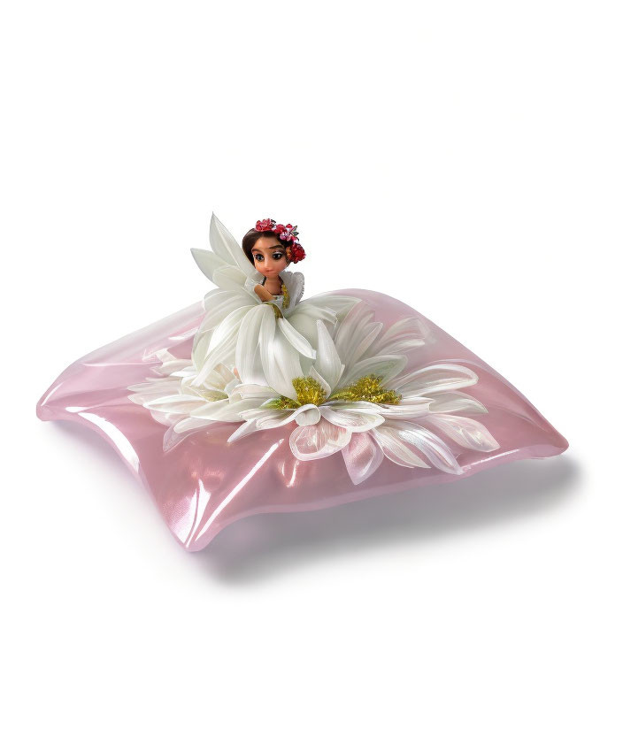 Character figurine with floral crown on white flower, pink cushion