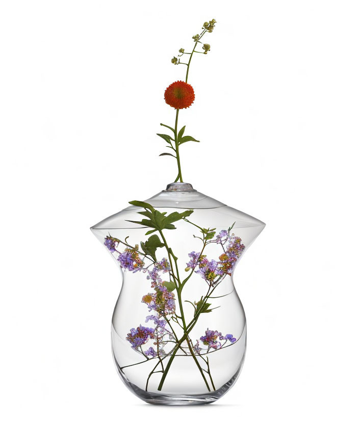 Transparent Vase with Red Flower Among Purple Wildflowers