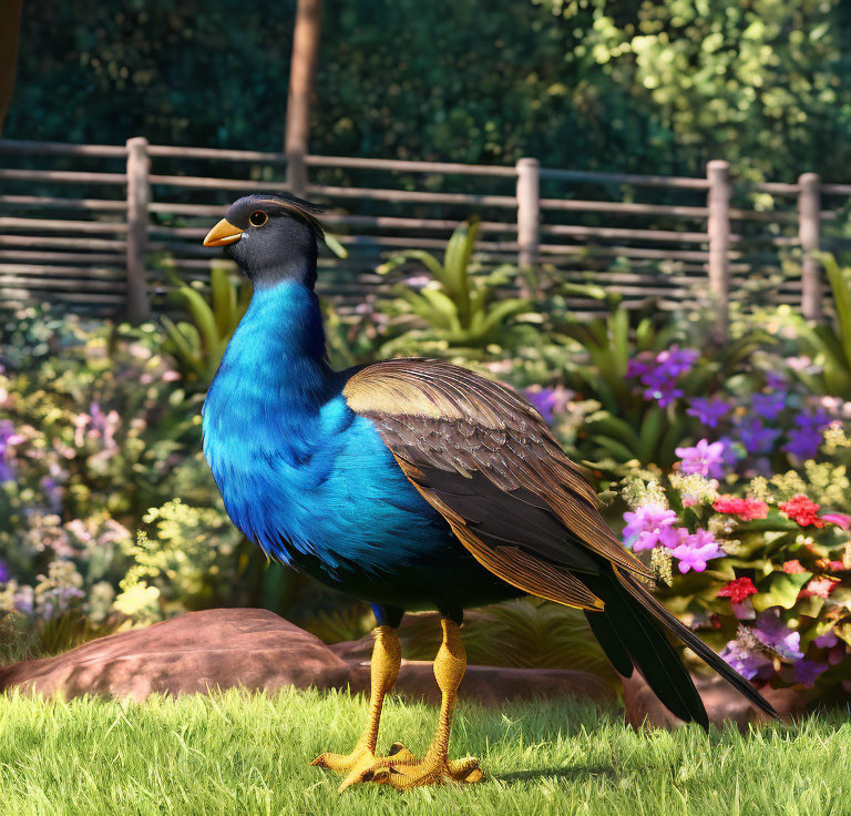 Blue bird with yellow legs in garden with purple flowers