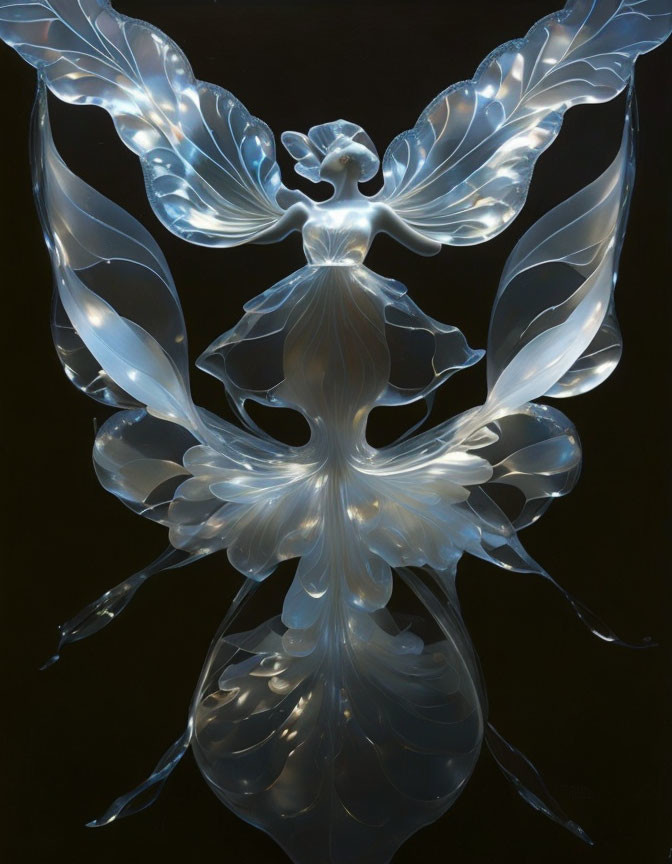 Symmetrical butterfly sculpture in translucent material with intricate patterns