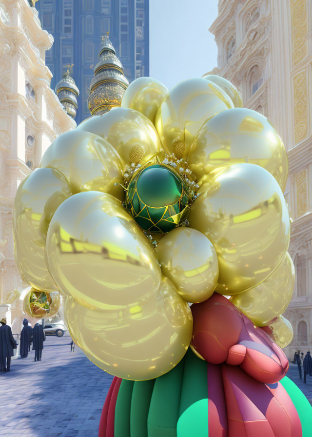 Shiny Gold and Teal Balloon Amid Ornate Buildings and People