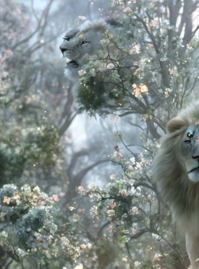 Majestic lions with blue eyes blend in blooming forest.