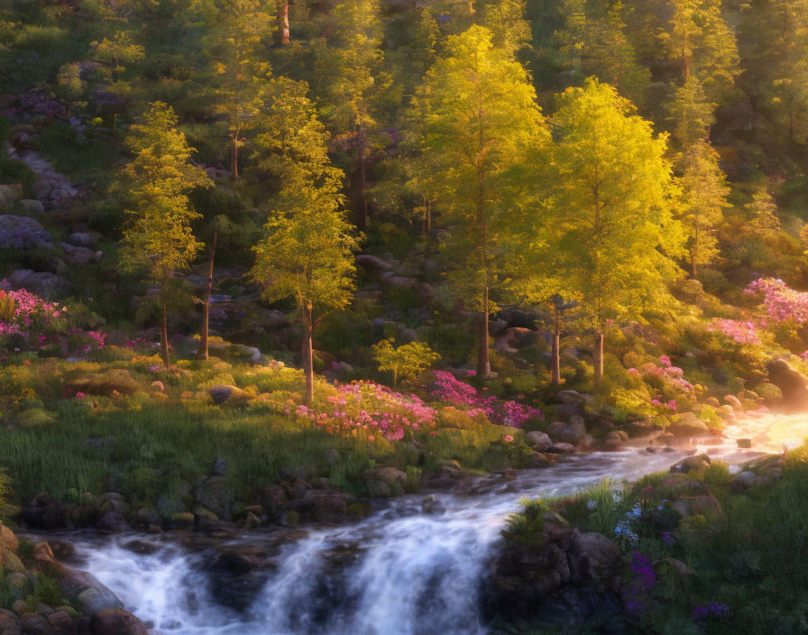 Tranquil waterfall in lush forest with sunlight, green trees & wildflowers