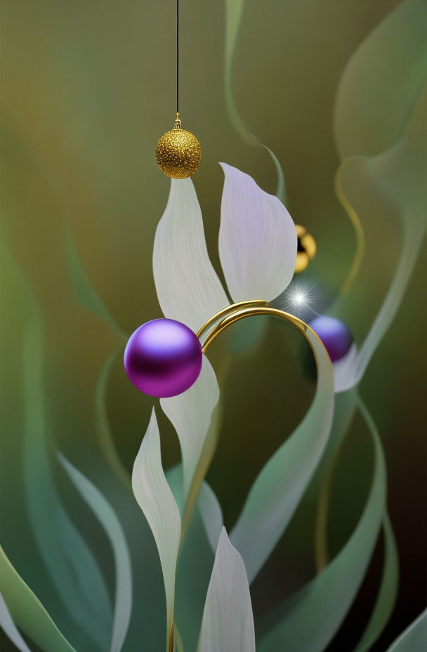 Stylized white flower with gold baubles on soft background