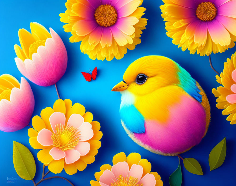 Colorful Bird with Flowers and Butterfly on Blue Background