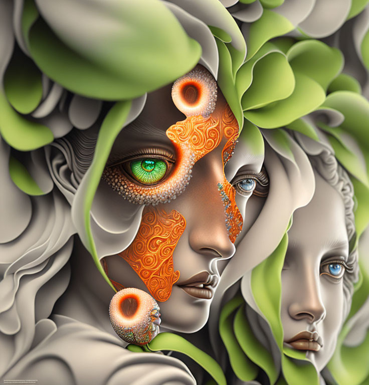 Surreal illustration of faces with intricate patterns and green eyes