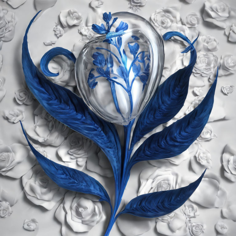 Transparent heart-shaped glass with blue flowers and leaves on white roses.