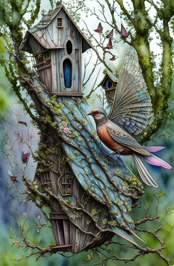 Illustration of bird with butterfly wings near mossy treehouse and flying envelopes